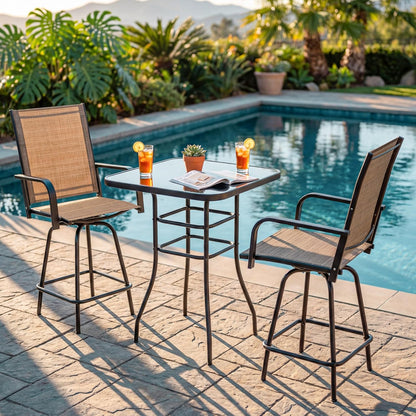3-Piece Patio Bar Set, High Top Table & 2 Swivel Bar Stools with Textilene Fabric, Outdoor Bistro Furniture for Balcony, Backyard, Poolside (Brown)