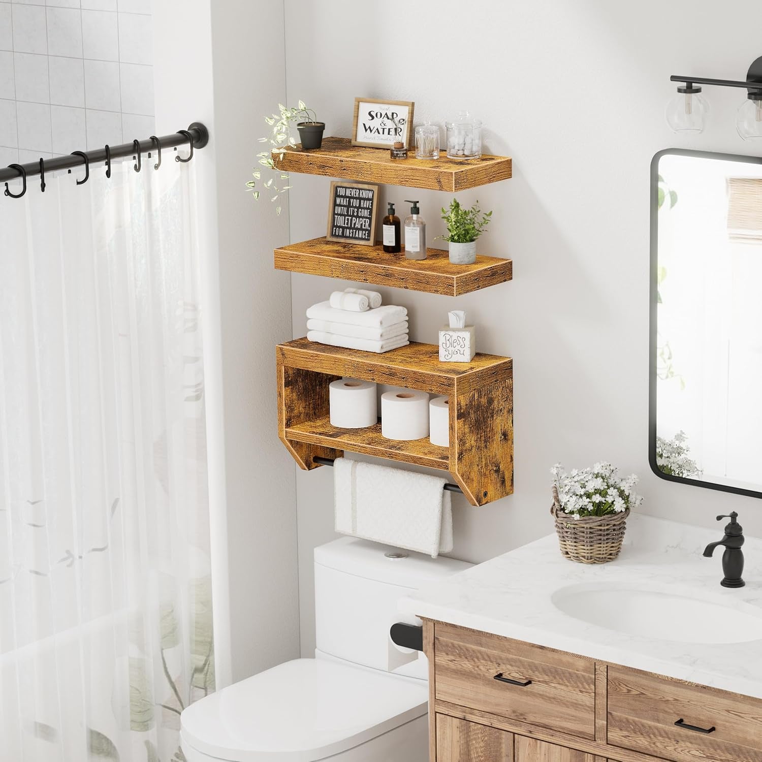 Bathroom Floating Shelves for Wall - Shelf over Toilet Paper Storage Farmhouse 16 Inch Set of 3, Rustic Brown (028-40BN3)