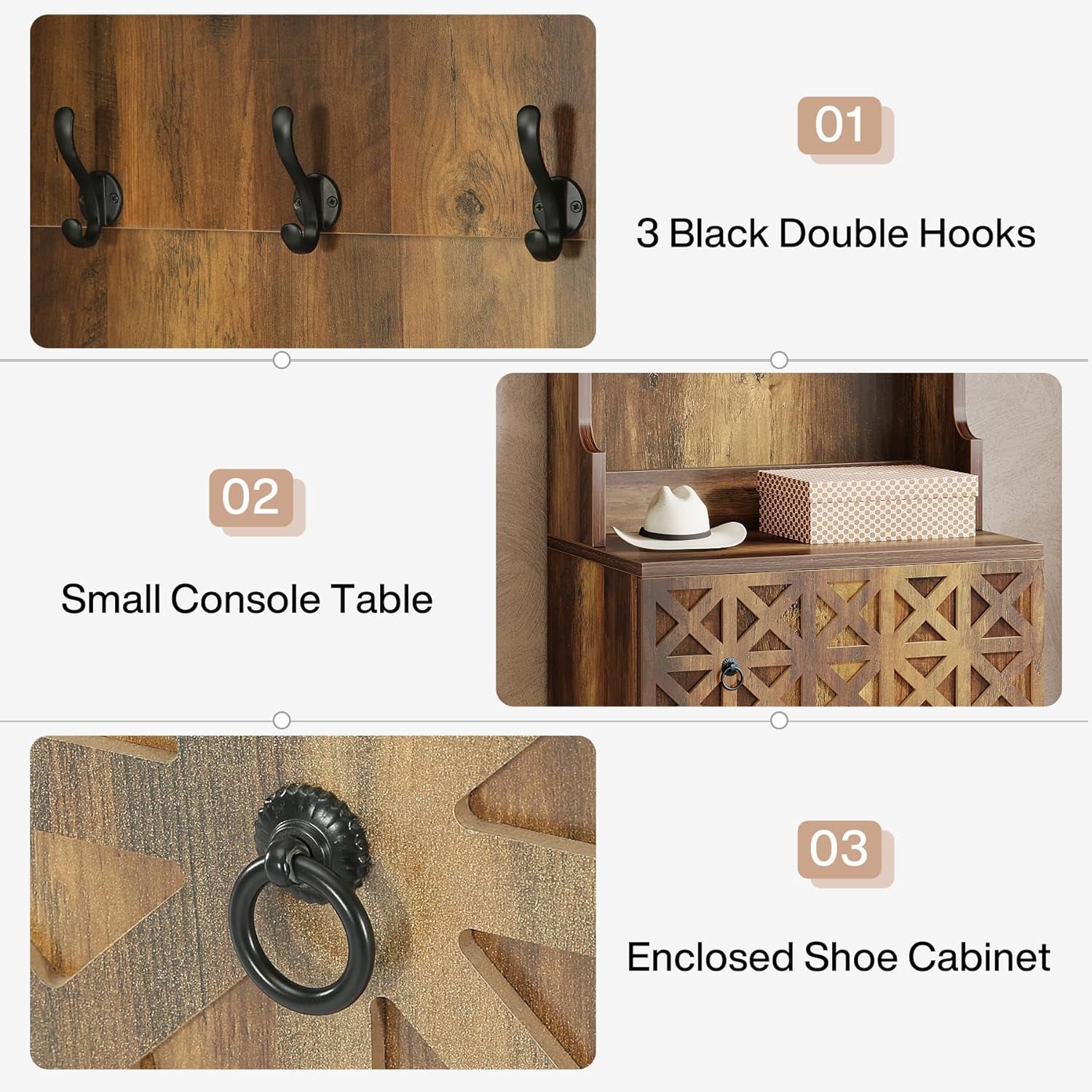 3-In-1 Entryway Hall Tree with Storage, Farmhouse Hall Tree with Coat Rack, Top Storage and Shoe Cabinet for Entryway, Hallway, Bedroom, Rustic Brown