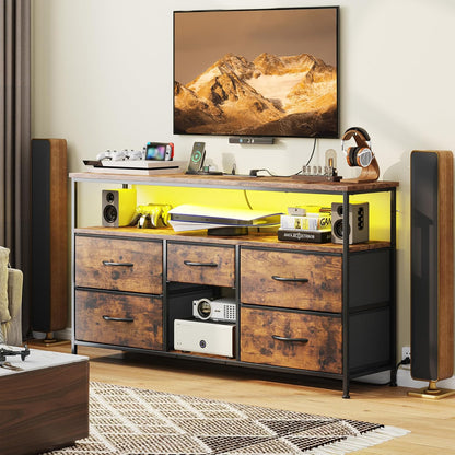 TV Stand for 50" Inch TV, Entertainment Center with LED Lights & Power Outlets, 5 Drawers Dresser for Bedroom Dresser with Shelves for Living Room, Hallway, Rustic Brown
