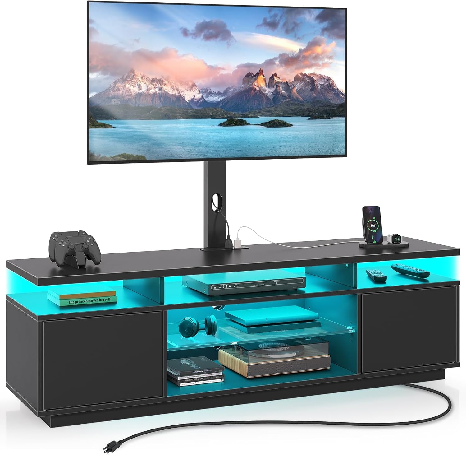 TV Stand with Mount and Power Outlet 51.2", Swivel TV Stand Mount for 32/45/55/60/65/70 Inch Tvs, Height Adjustable Modern Entertainment Center with Storage & LED Lights, TV Table Black