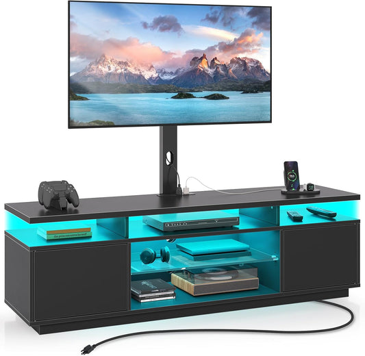 TV Stand with Mount and Power Outlet 51.2", Swivel TV Stand Mount for 32/45/55/60/65/70 Inch Tvs, Height Adjustable Modern Entertainment Center with Storage & LED Lights, TV Table Black