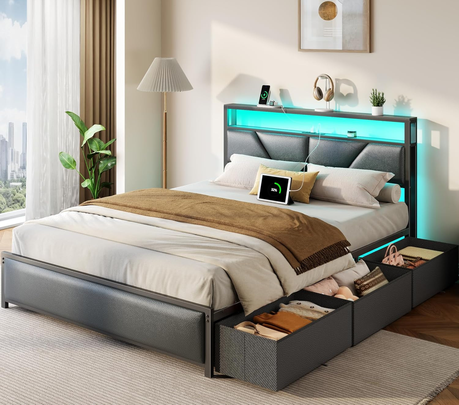 Queen Bed Frame, 2-Tier Storage Headboard & 6 Fabric Drawers, PU Leather Upholstered Queen Size Platform Bed with Charging Station and LED Lights, No Box Spring Needed, Noise Free