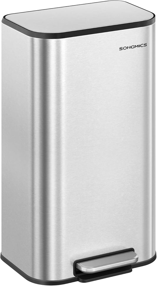 Kitchen Trash Can, 8-Gallon (30 L) Garbage Can with Lid, Stainless Steel, Soft Close and Stays Open, Inner Bucket, Wide Non-Slip Pedal, Metallic Silver ULTB546E01