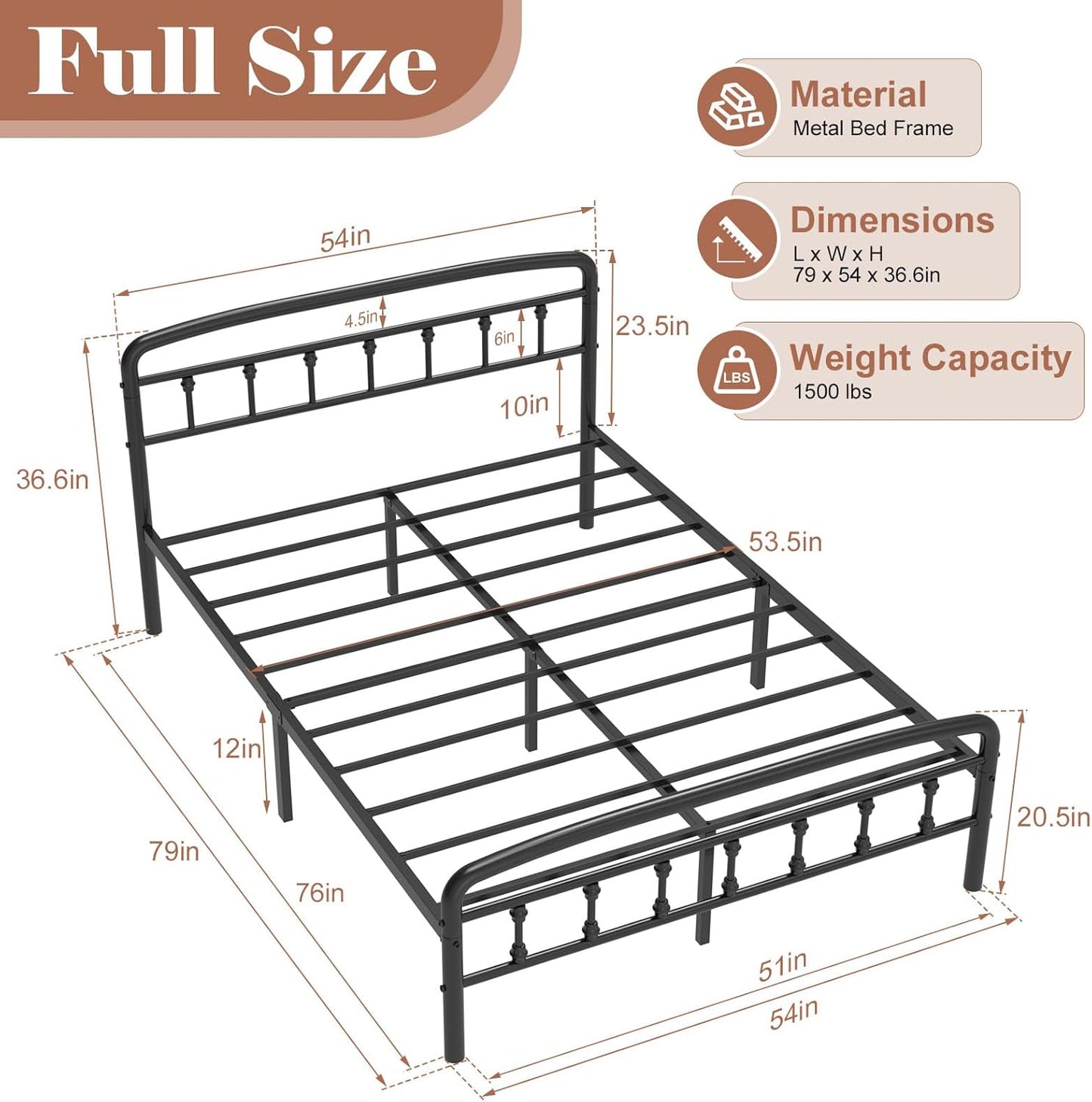 Metal Full Size Bed Frame with Headboard,Victorian Style Headboard and Footboard, No Squeak, Heavy Duty 1500Lbs Support, Easy 20-Min Tool-Free Assembly, No Box Spring Needed/Underbed Storage