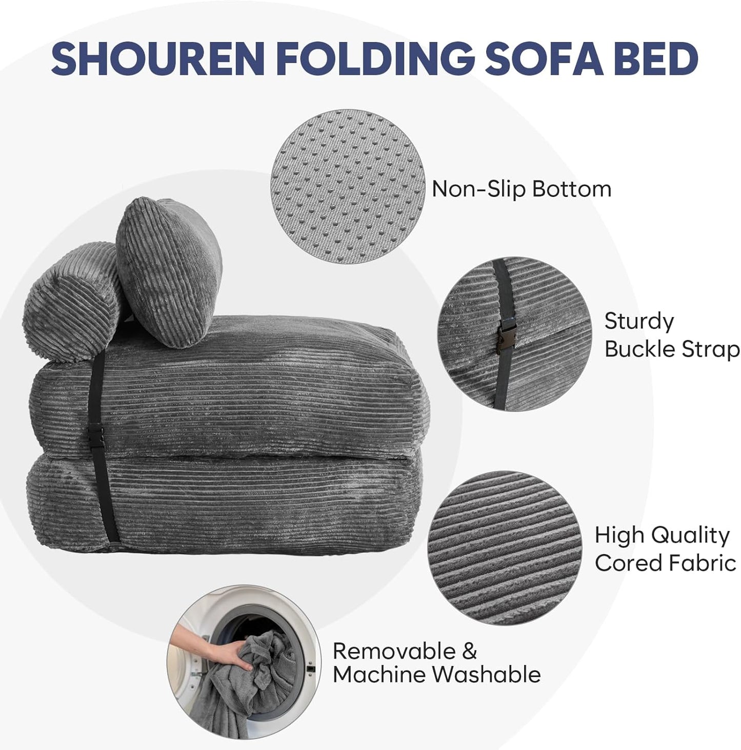 Folding Sofa Bed,Convertible Sleeper Chair Bed with Pillow,Foldable Futon Couch Mattress with Back Support,Portable Lazy Floor Sofa Lounger, Dark Grey, Single
