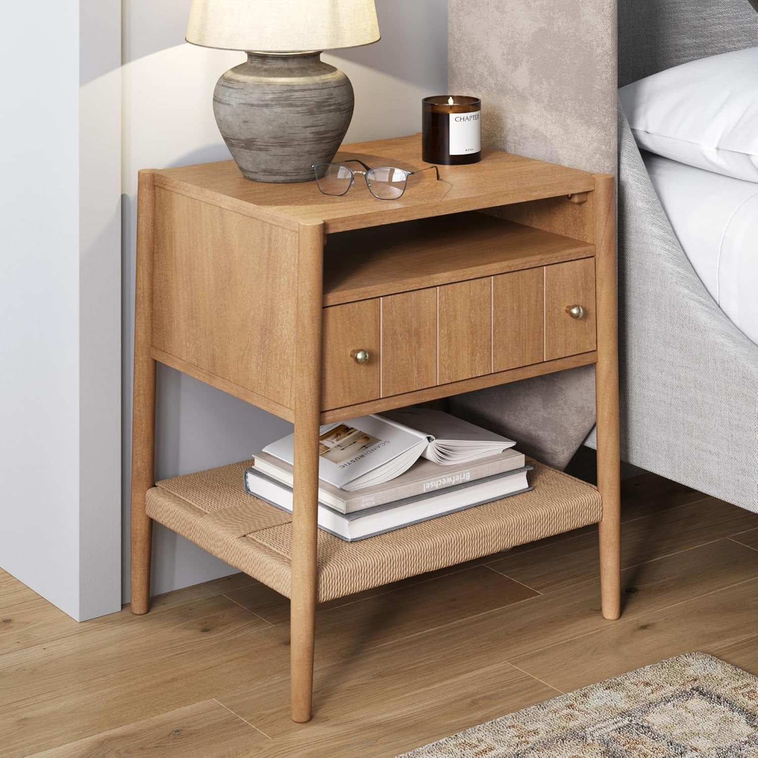 Meads Wood Nightstand with Drawer, Vintage Nightstand with Seagrass Storage and Brass Handles, Light Brown