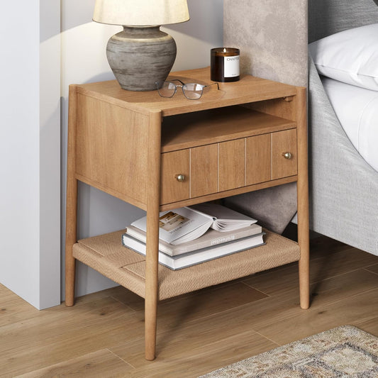 Meads Wood Nightstand with Drawer, Vintage Nightstand with Seagrass Storage and Brass Handles, Light Brown