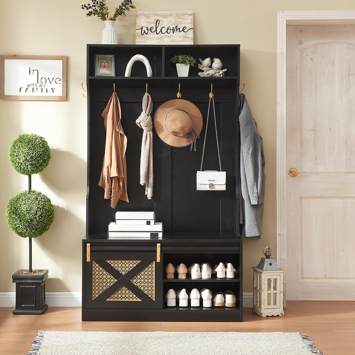 71" H Entryway Hall Tree with Coat Rack and Storage Bench, Coat Tree with Hooks for Entryway, Hallway, Living Room, Mudroom Black