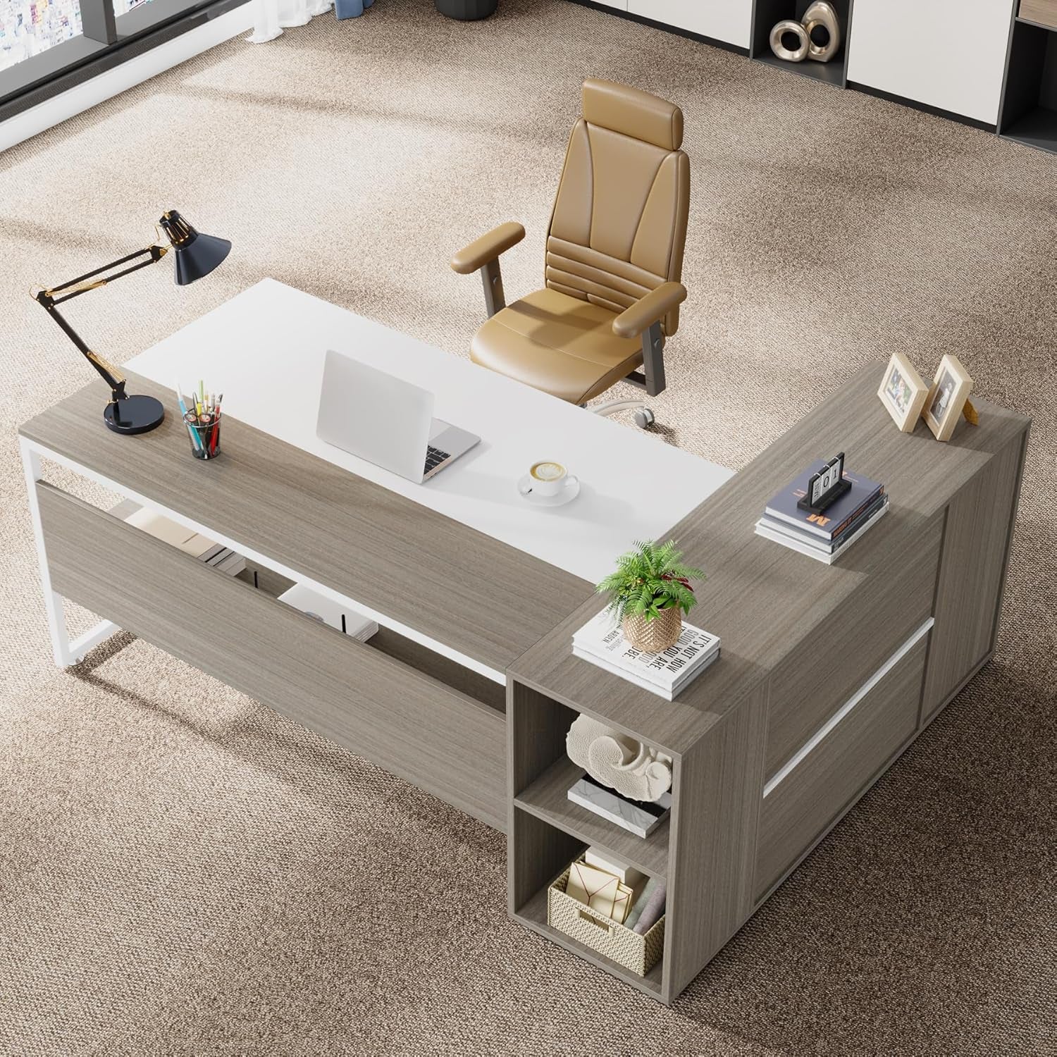 71 Inch Executive Desk, L Shaped Desk with Cabinet Storage, Executive Office Desk with Shelves, Business Furniture Set Workstation for Home Office, Gray and White