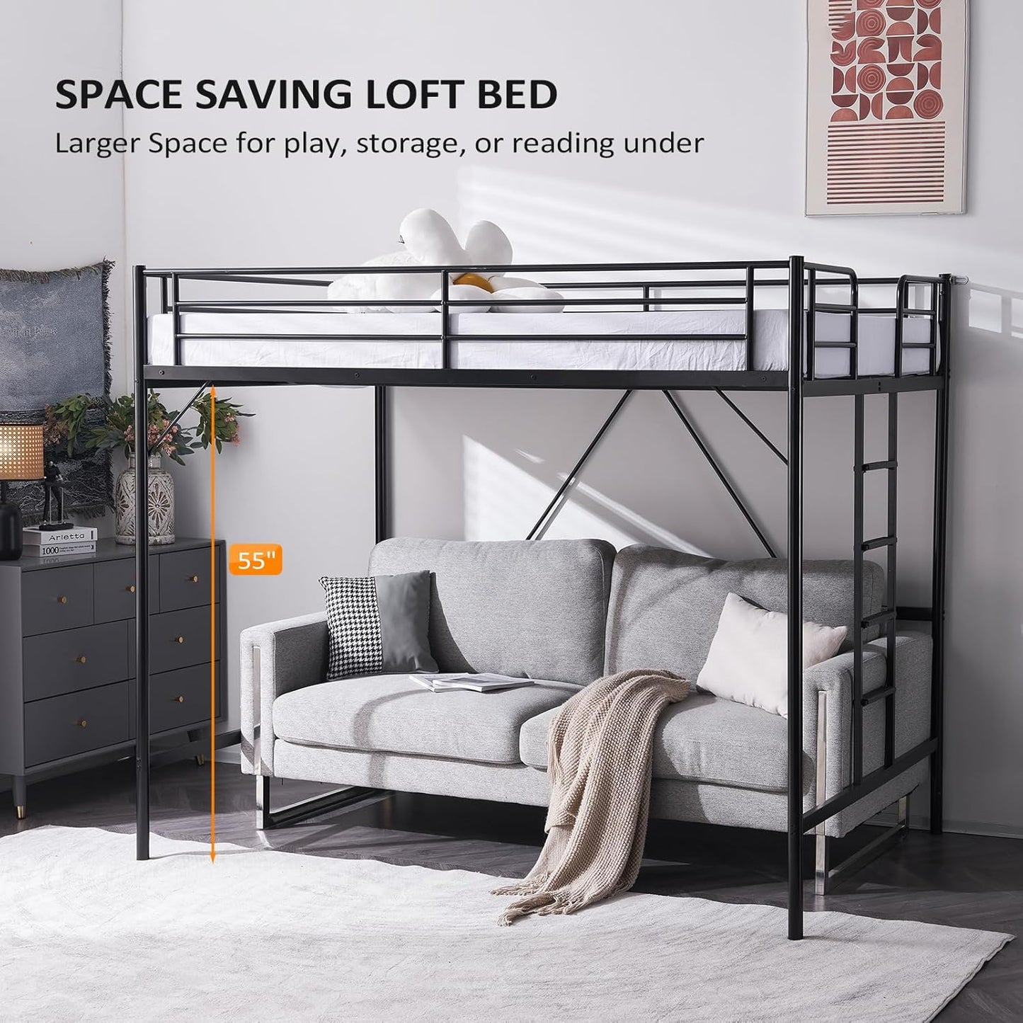 Loft Bed Full Size with Flat Rungs for Adults, Kids and Young Teens, No Box Spring Required,Heavy Duty Metal Slat Support,Black