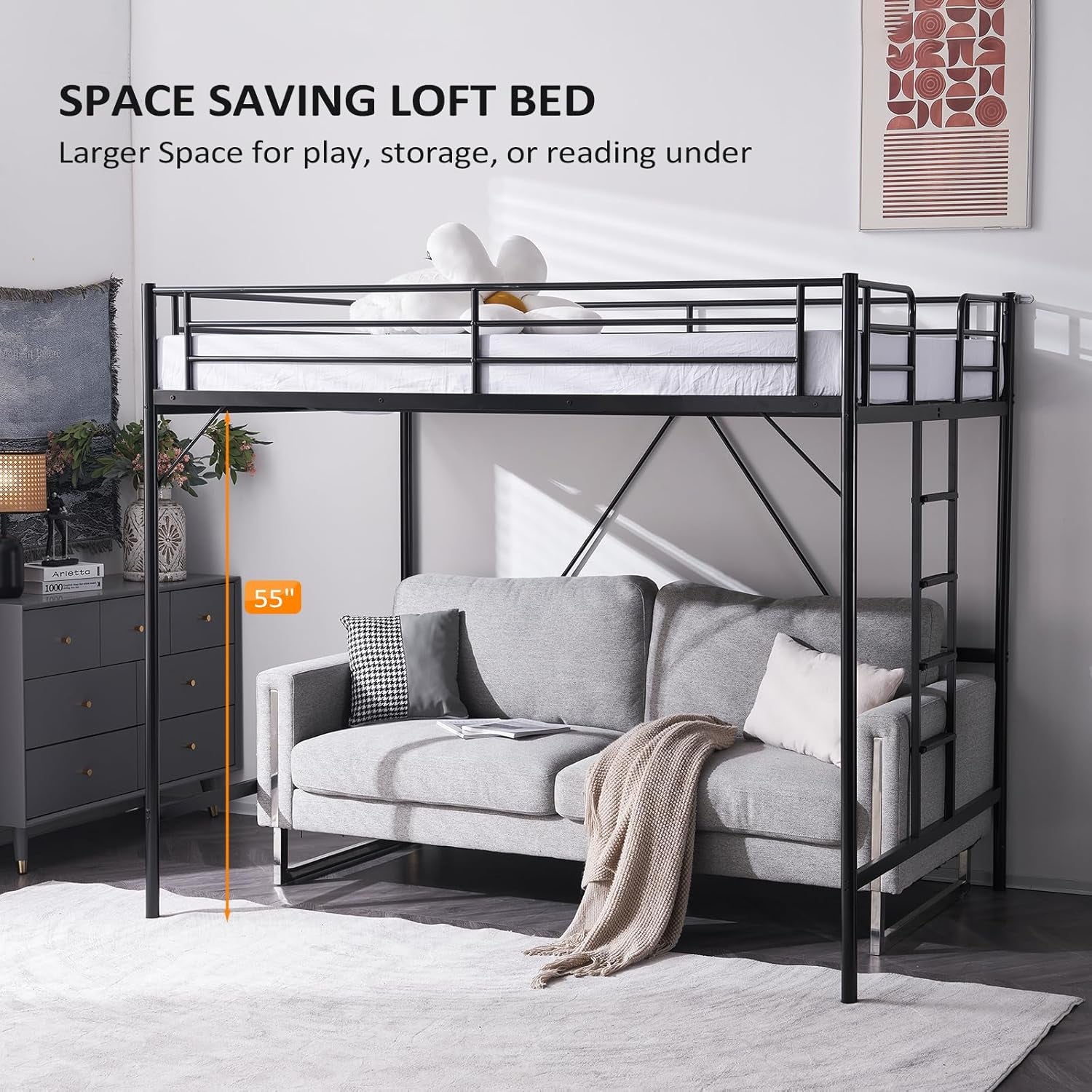 Loft Bed Full Size with Flat Rungs for Adults, Kids and Young Teens, No Box Spring Required,Heavy Duty Metal Slat Support,Black