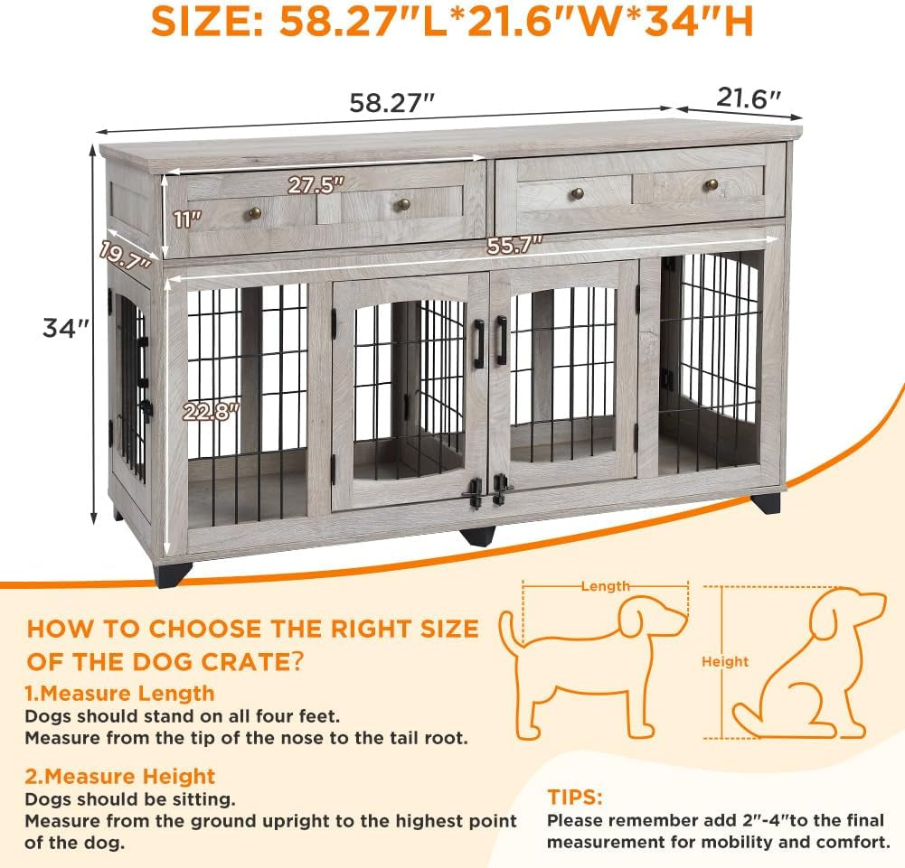 2 Dog Crate Furniture for Large Breeds,Large Dog Kennel Furniture TV Stand,58" Wooden Dog Kennel End Table with Drawers,Double Dog House with Divider
