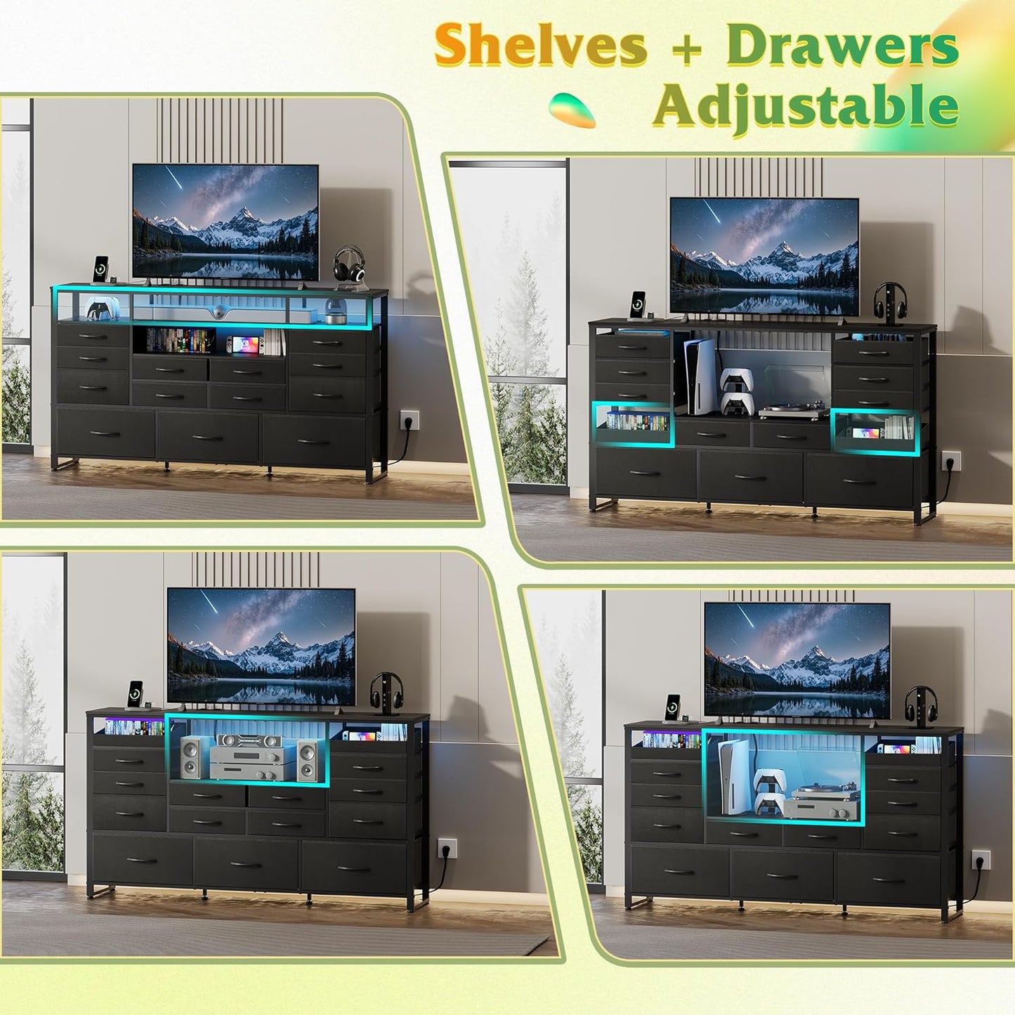 Black TV Stand for 55, 60, 65 Inch TV, Entertainment Center with LED Lights & Charging Station, TV Media Console Table with 15 Fabric Drawers and Open Shelves for Living Room, Hallway, Wood Topm