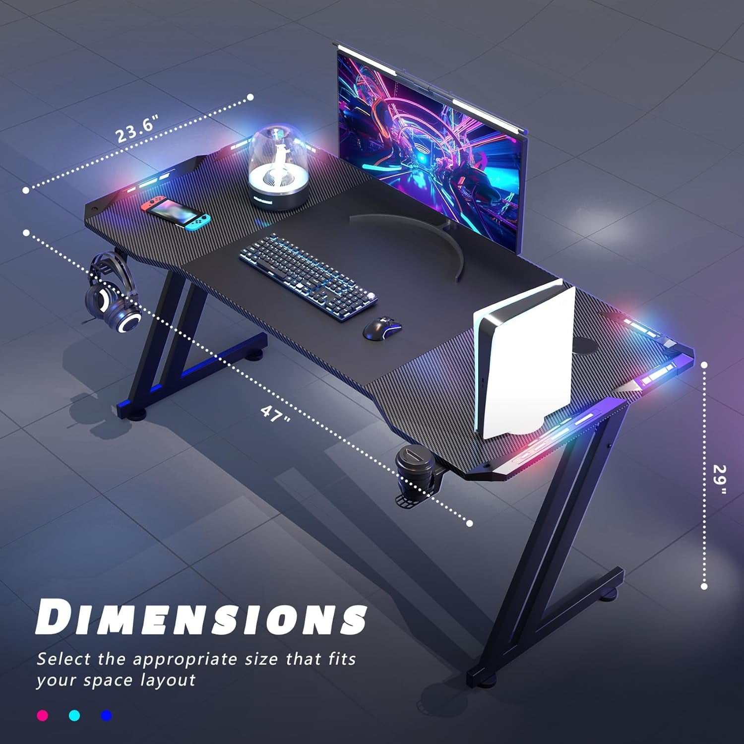 47 Inch Gaming Desk with LED Lights, Large RGB Computer Gaming Desk Table with Cup Holder Headphone Hook Mouse Pad, Ergonomic Modern Carbon Fiber Mesa Gamer Pc Work Home Office Desks, Black
