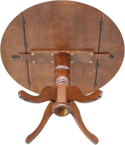 , 42" round Dual Drop Leaf Pedestal Dining Table, Solid Wood, Real Parawood, 42" W X 42" D X 29.5" H, Easy Assembly, Espresso