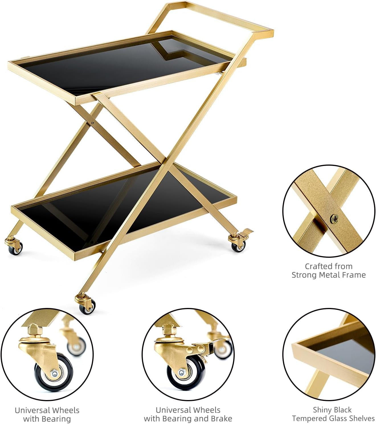 Gold Bar Cart - No Screws Assembly, 2-Tier Snack Cart with 2 Black Tempered Glass Shelves, Portable with 2 Lockable Wheels