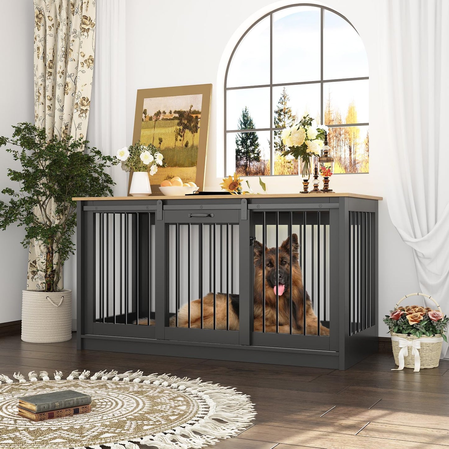 Extra Large Dog Crate Furniture, 55" Indoor Heavy Duty Dog Kennel House with Sliding Doors, Furniture Style Dog Crate Table Side End Table TV Stand for XL Large Medium Breed Dogs,Black