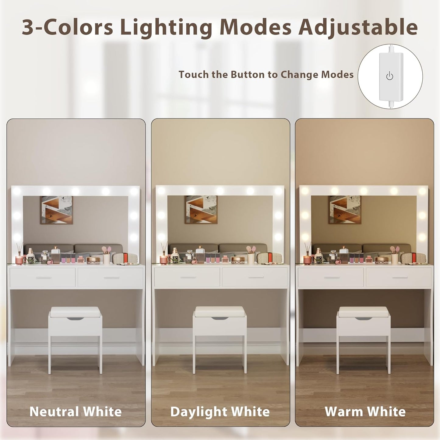 Vanity Desk Set with Large Lighted Mirror, 35.4 Inch Makeup Vanity Table with 2 Drawers, Cushioned Storage Stool, 3 Lighting Modes Brightness Adjustable, Dressing Table for Bedroom (White)