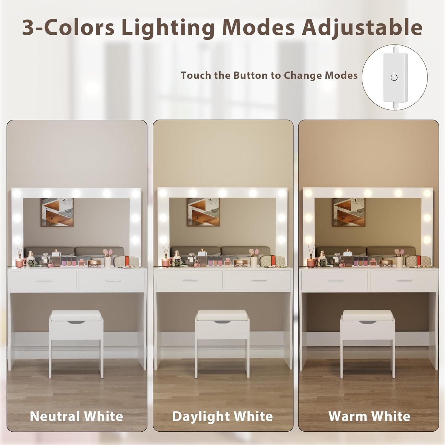 Vanity Desk Set with Large Lighted Mirror, 35.4 Inch Makeup Vanity Table with 2 Drawers, Cushioned Storage Stool, 3 Lighting Modes Brightness Adjustable, Dressing Table for Bedroom (White)