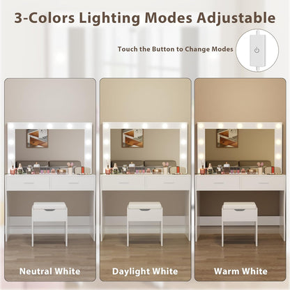 Vanity Desk Set with Large Lighted Mirror, 35.4 Inch Makeup Vanity Table with 2 Drawers, Cushioned Storage Stool, 3 Lighting Modes Brightness Adjustable, Dressing Table for Bedroom (White)