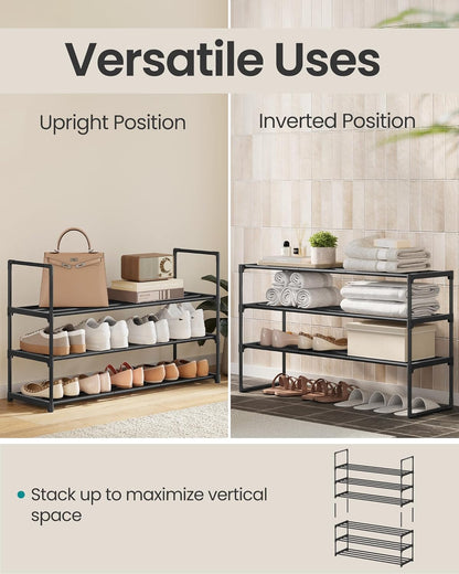 Shoe Rack, 3-Tier Shoe Organizer, Metal Storage Shelf, Upright or Upside Down, for 16-20 Pairs, Stackable, for Entryway, 11.8 X 36.2 X 21.7 Inches, Black ULSA303B02