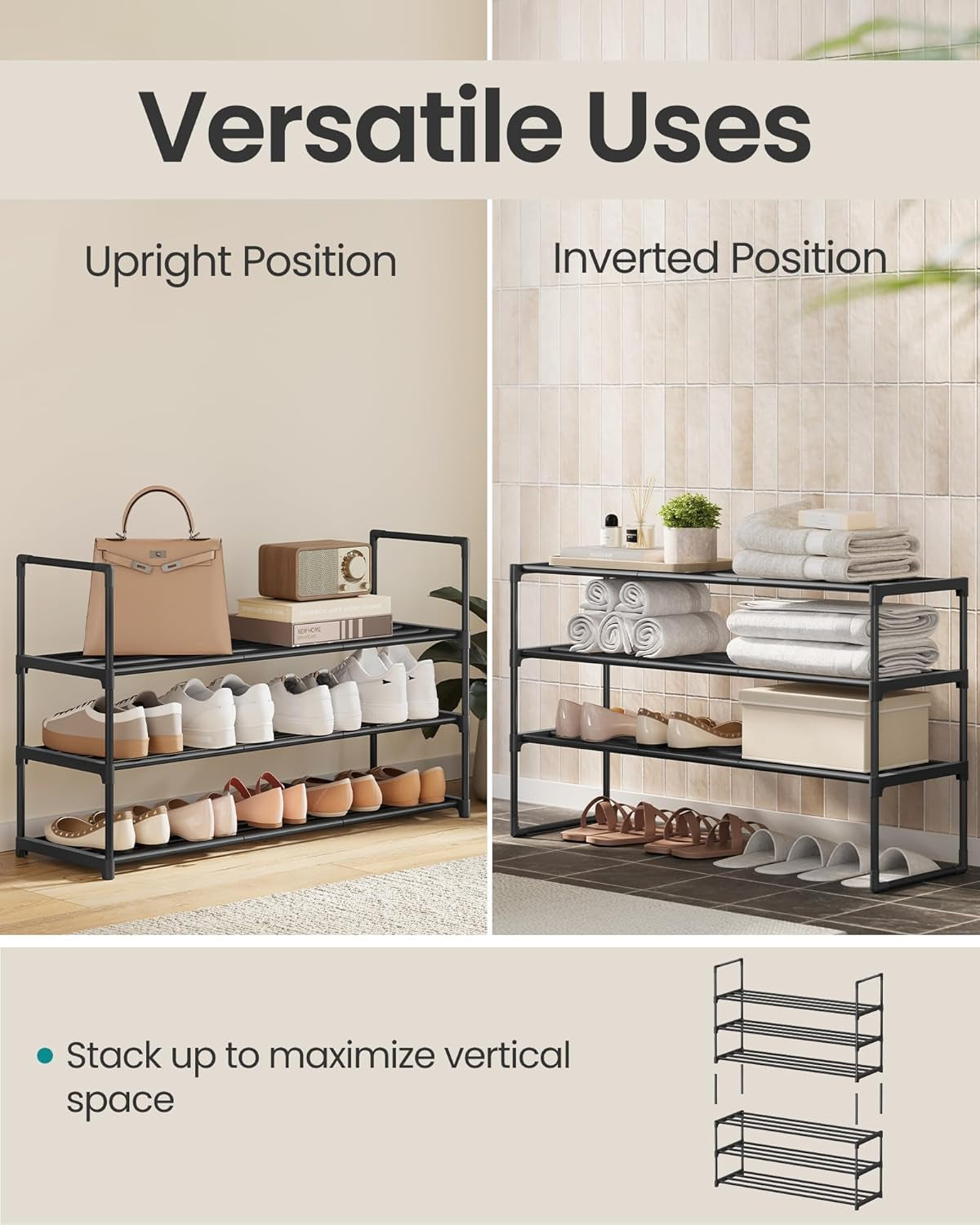 Shoe Rack, 3-Tier Shoe Organizer, Metal Storage Shelf, Upright or Upside Down, for 16-20 Pairs, Stackable, for Entryway, 11.8 X 36.2 X 21.7 Inches, Black ULSA303B02