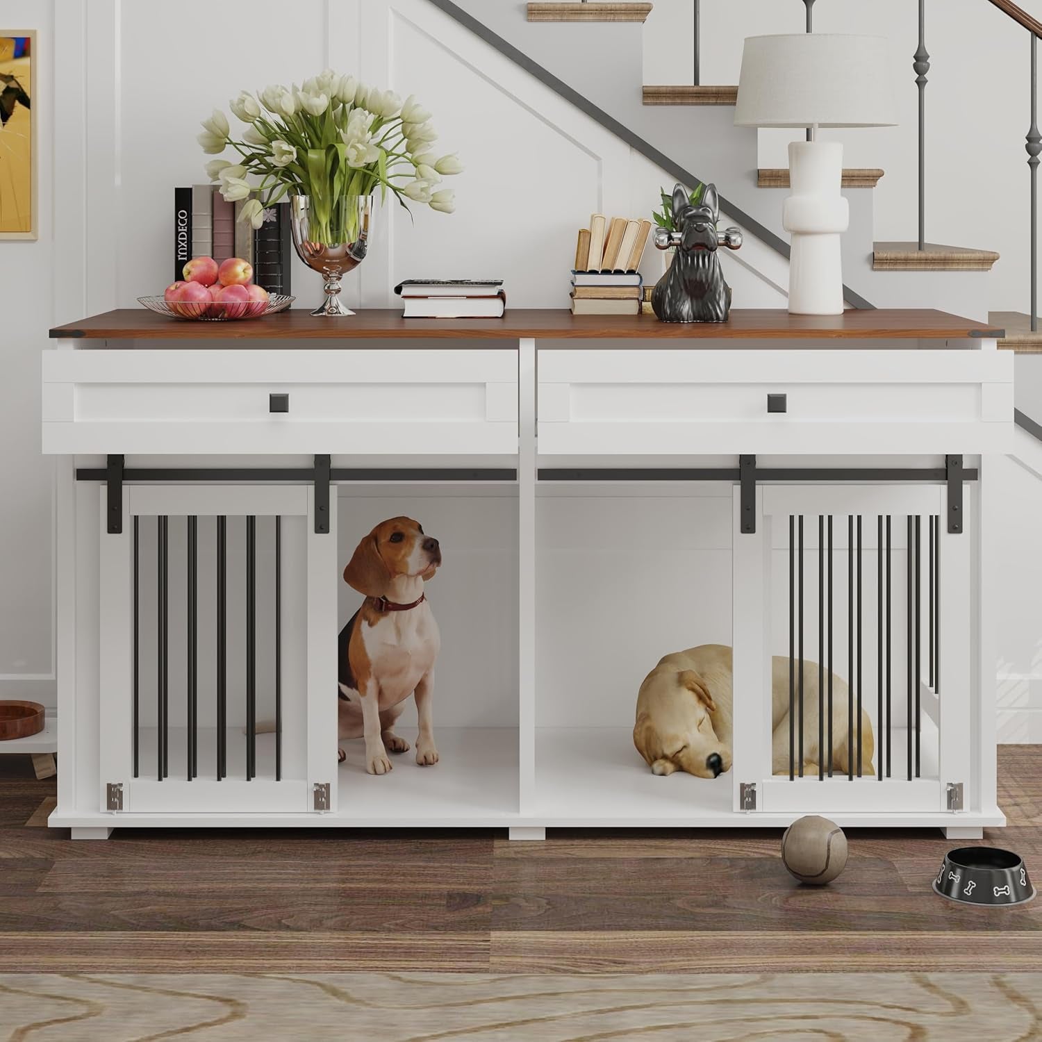 Large Dog Crate Furniture for 2 Large Medium Dogs,63 Inch Wooden Dog Kennel with 2 Drawers & Removable Divider,Sliding Door, Farmhouse Style Indoor Dog Cage Cabinet TV Stand Table,White