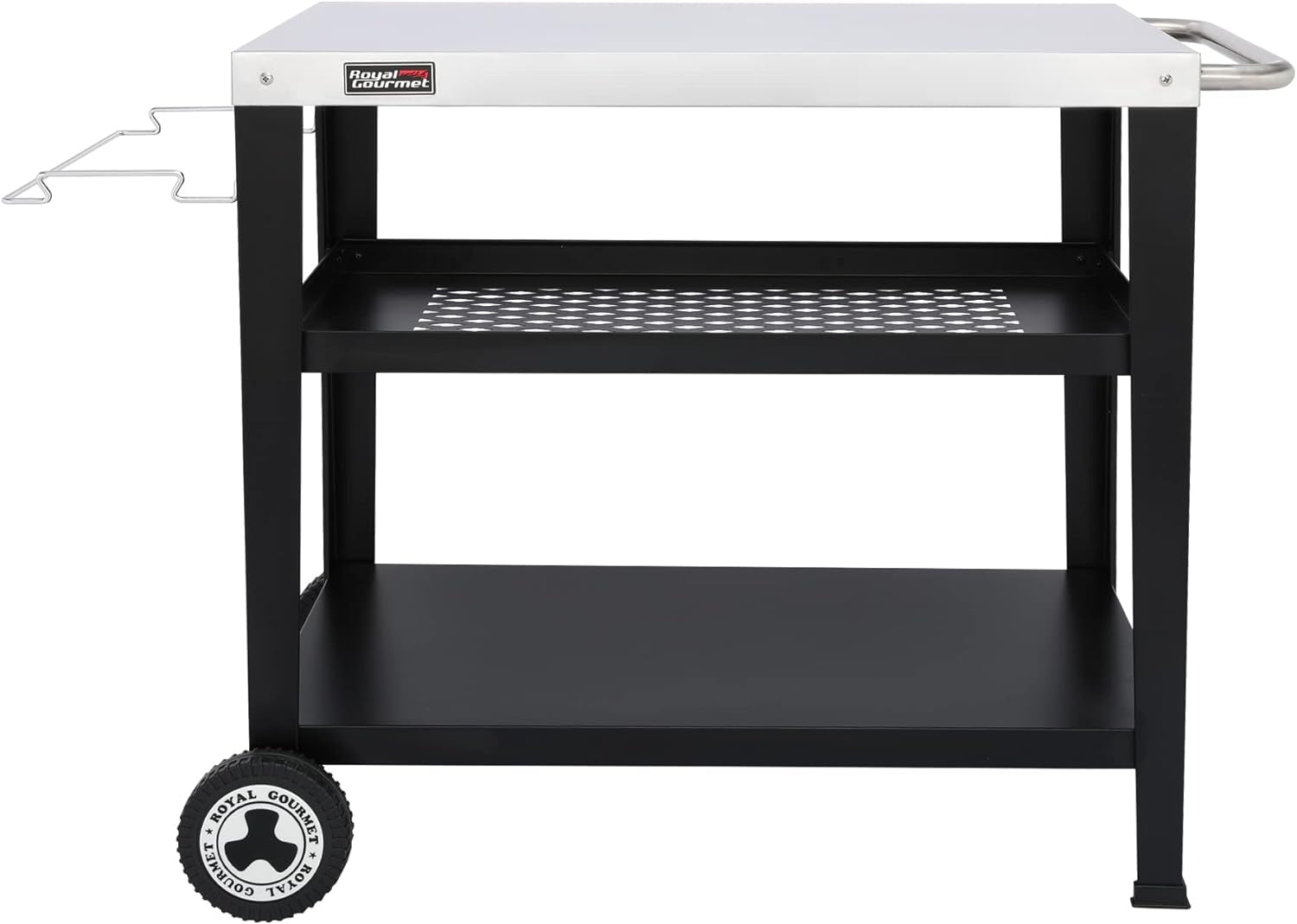 PC3404S Rolling Dining Table with Trash Bag Holder, Outdoor Garden Patio BBQ Kitchen Food Prep Table Cart, 34"L X 20"W Stainless Steel Tabletop, Silver & Black