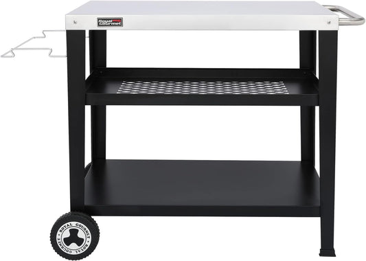 PC3404S Rolling Dining Table with Trash Bag Holder, Outdoor Garden Patio BBQ Kitchen Food Prep Table Cart, 34"L X 20"W Stainless Steel Tabletop, Silver & Black