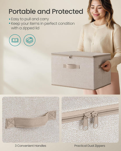 Foldable Storage Organizer Boxes, Set of 3 Storage Basket Bins with Lids, Handles, Clothes Organizer, 15.7 X 11.8 X 9.8 Inches, Non-Woven Fabric, Summer Sand URZB003K01