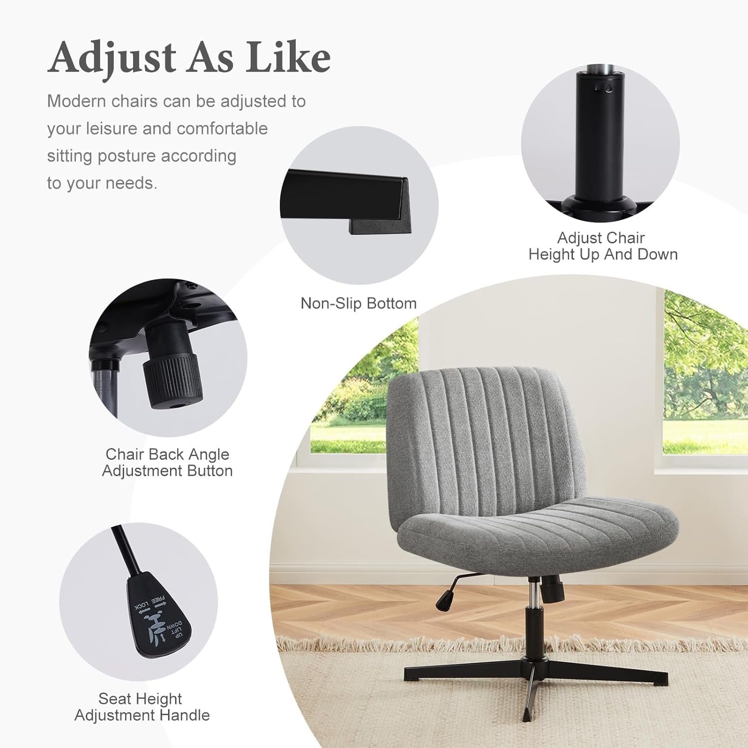Criss Cross Chair Legged, Armless Office Wide Desk Chair No Wheels, Swivel Vanity Height Adjustable Fabric Modern Computer Task Seating for Home - Grey