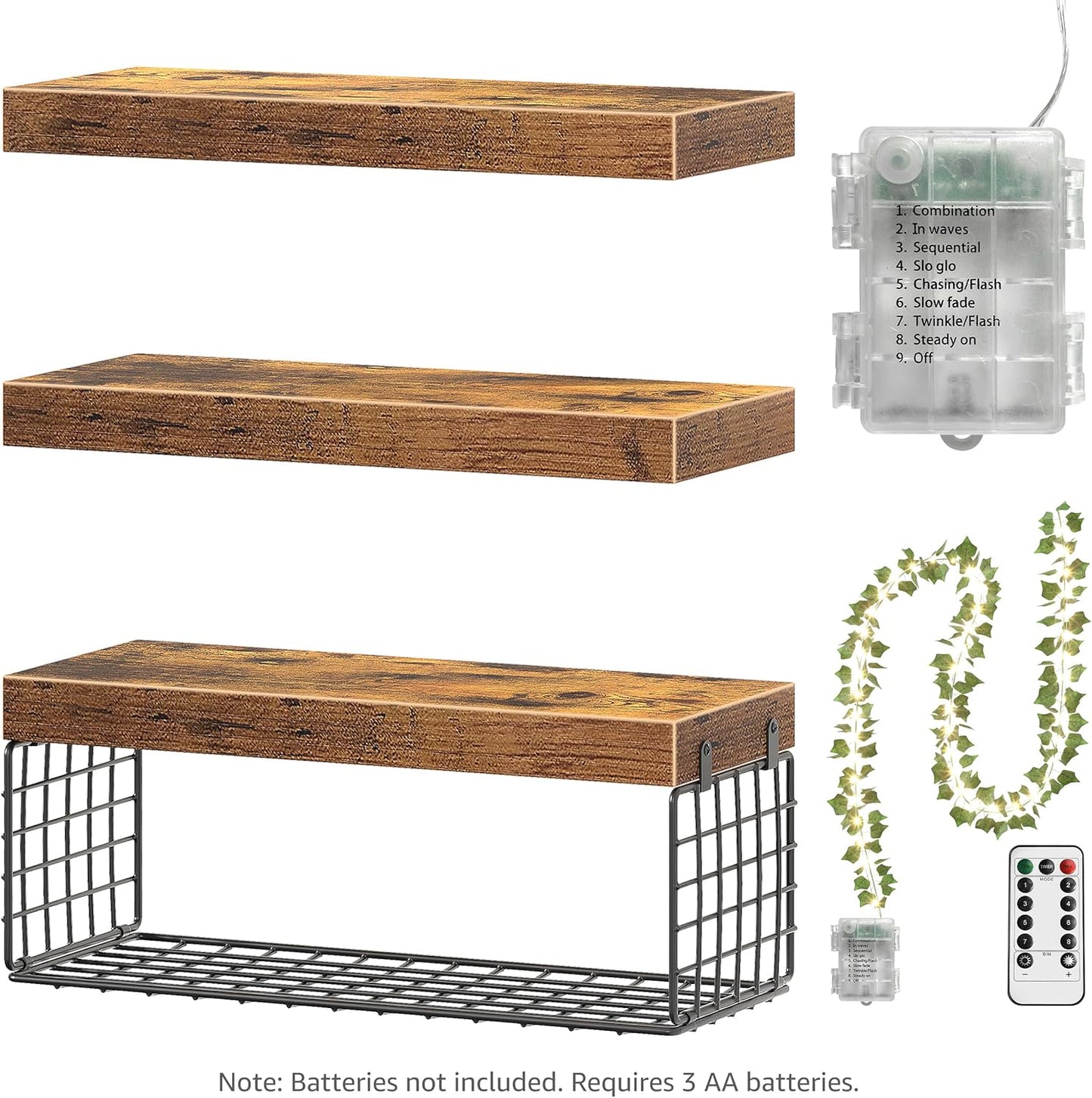 Bathroom Floating Shelves for Wall - Shelf over Toilet Paper Storage with Led Lights and Leaves Farmhouse Decor Small 16 Inch Set of 3, Brown (L019BN3)