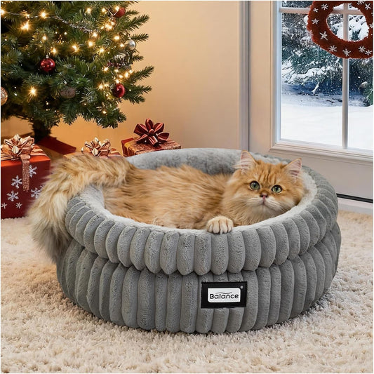 Cat Bed Kitten Bed, Washable round Cat Beds for Indoor Cats, Super Soft Plush Faux Fur Pet Bed for Puppy and Kitten with Anti-Slip Bottom