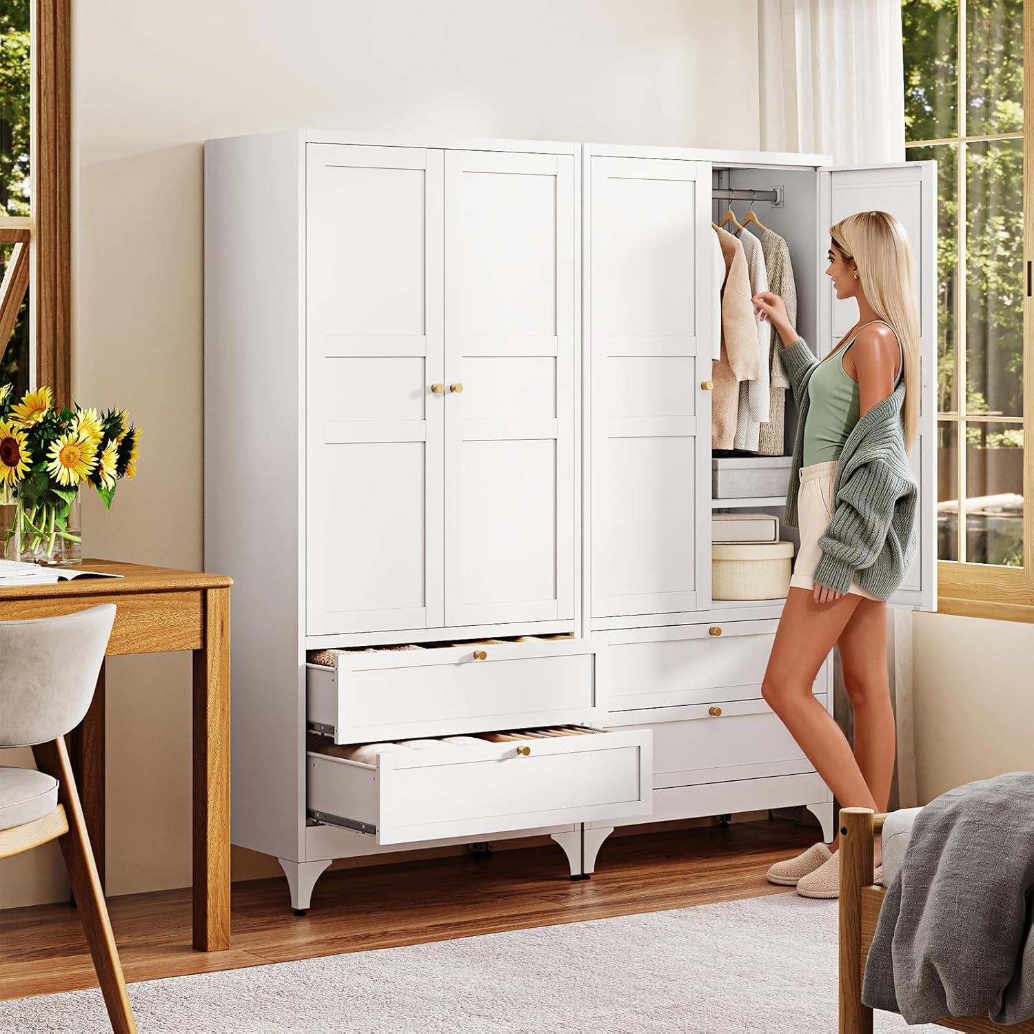 Metal Armoire Wardrobe Closet with 2 Drawers,18" Deep Clothing Storage Cabinet with Doors and Shelves,Coat Closet with Hanging Rod,Bedroom,Home,Cloak Room,White