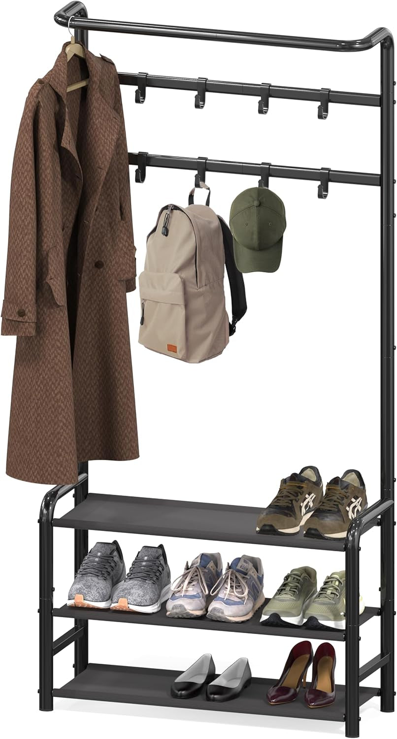Coat Rack with Storage Shelf, Freestanding Hall Tree with Hooks for Entryway, Bedroom, Office, Black Metal Clothes Hanger Stand for Coats, Hats, Jackets, Bags - Black