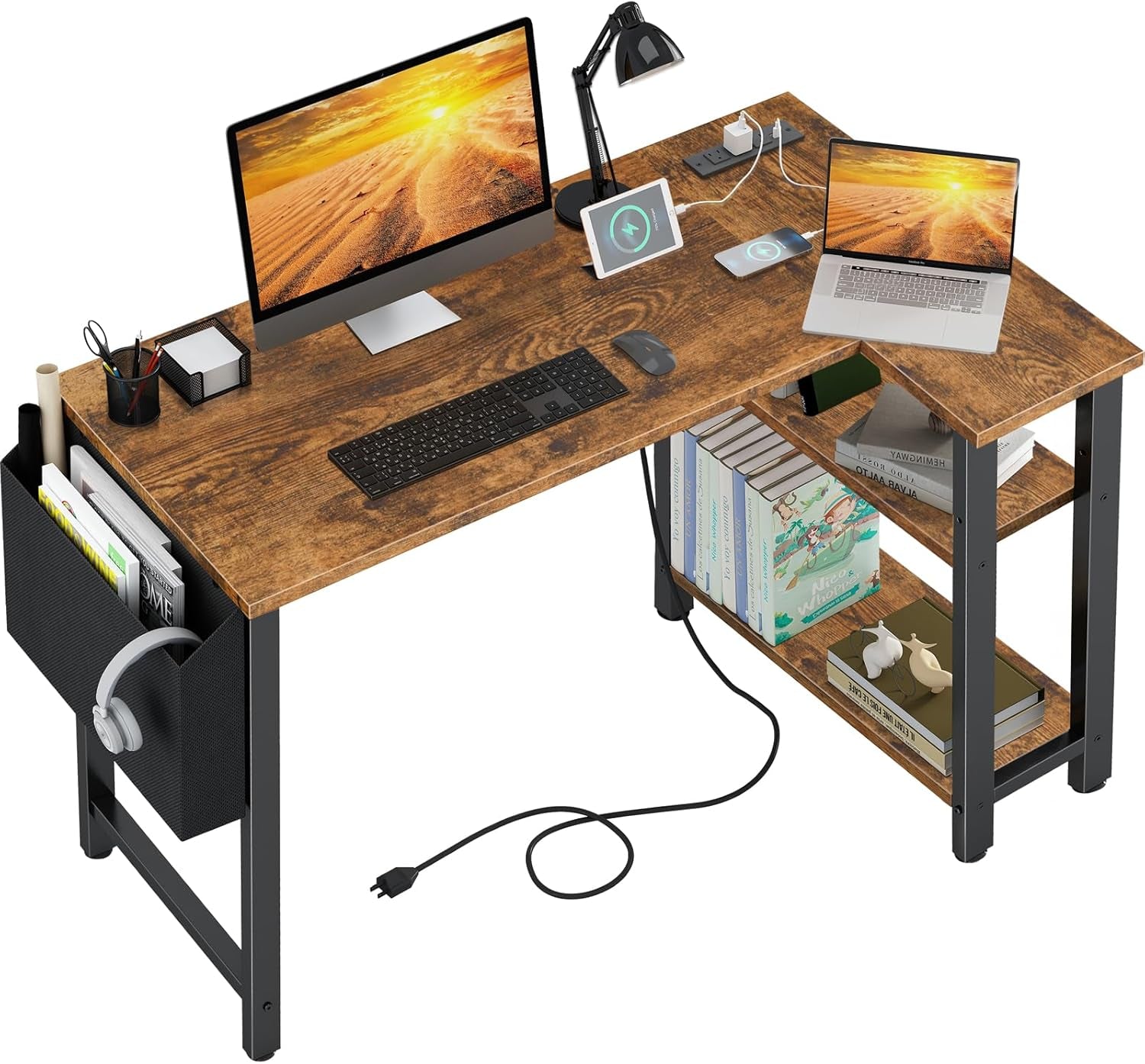 Small L Shaped Desk with Power Outlet Shelves, 40 Inch Reversible Corner Desk for Small Space Home Office, L-Shaped Computer Desk PC Desks with Charging Station, Rustic Brown