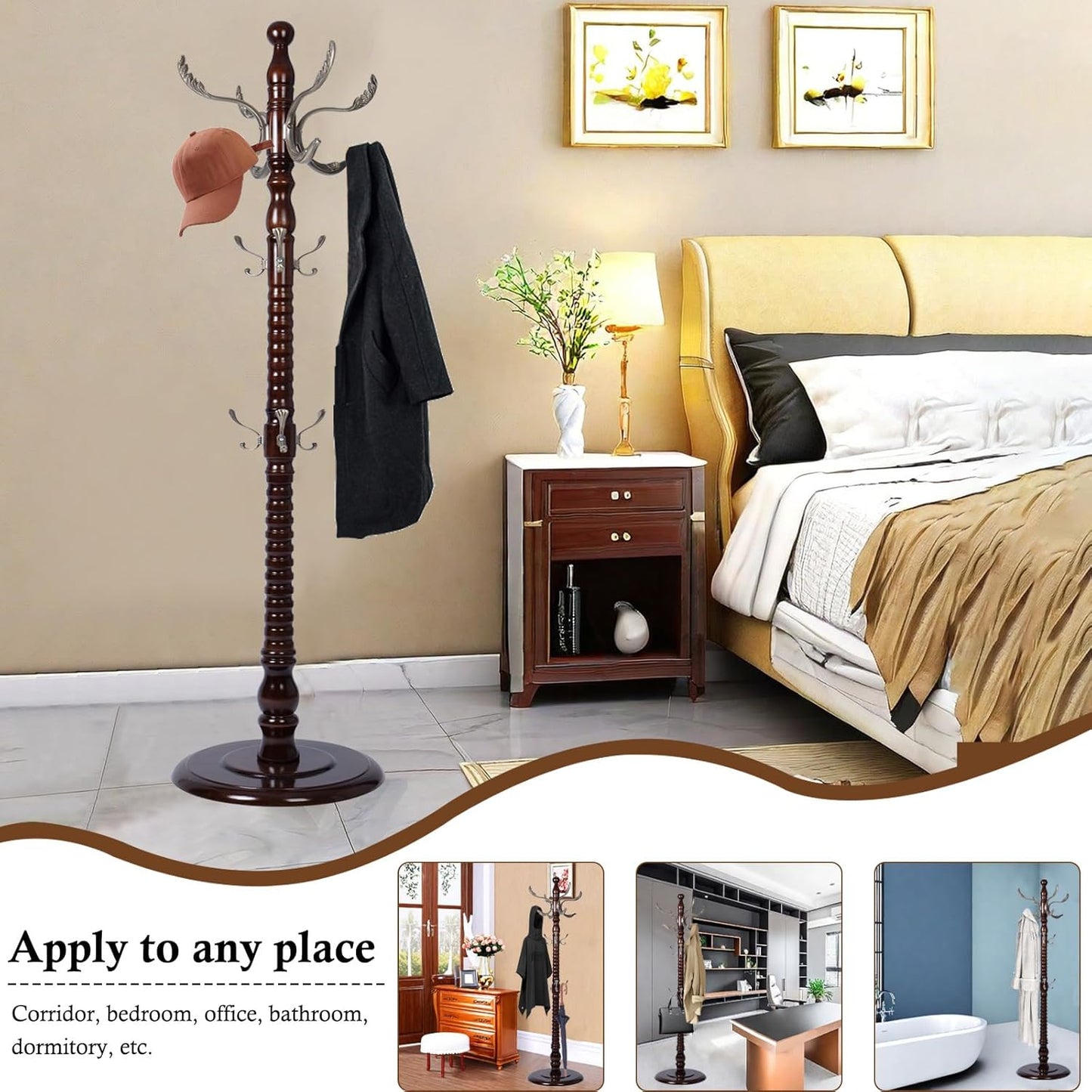 Coat Rack Stand, Solid Wooden Coat Tree with 11 Hooks, Heavy Duty Coat Rack Freestanding with Sturdy round Base, Natural Birch Wood Coat Hanger Stand for Entryway Bedroom (Circular)