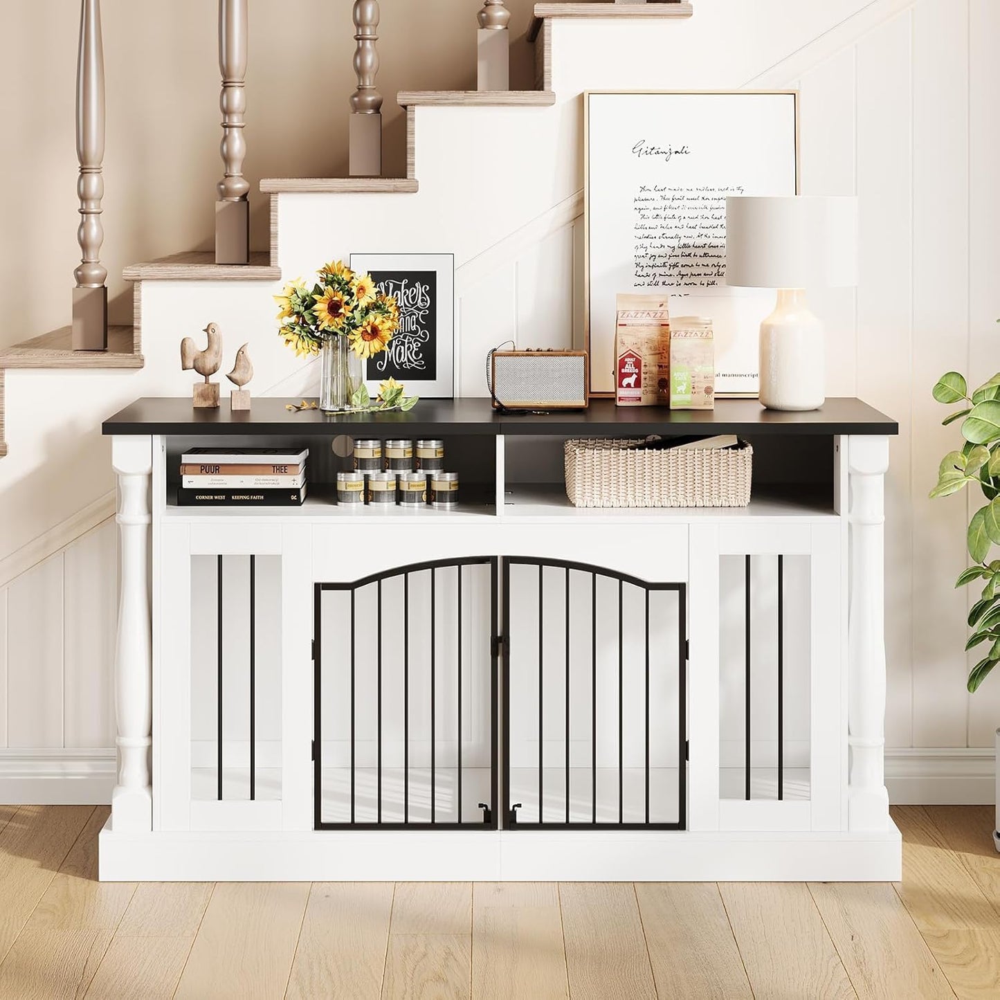 63" Large Dog Crate Furniture for Small & Medium Dogs, Roman Column Kennel Furniture with Semi-Open Storage, TV Stand Dog Cage Table, Heavy Duty Indoor Dog Kennel, White+Black Top