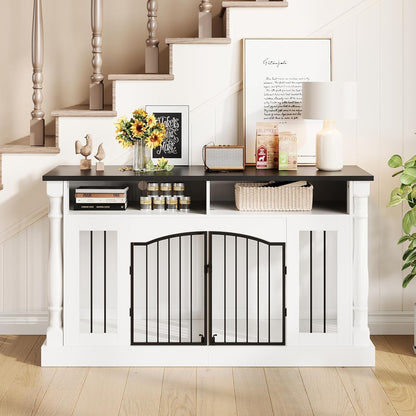 63" Large Dog Crate Furniture for Small & Medium Dogs, Roman Column Kennel Furniture with Semi-Open Storage, TV Stand Dog Cage Table, Heavy Duty Indoor Dog Kennel, White+Black Top