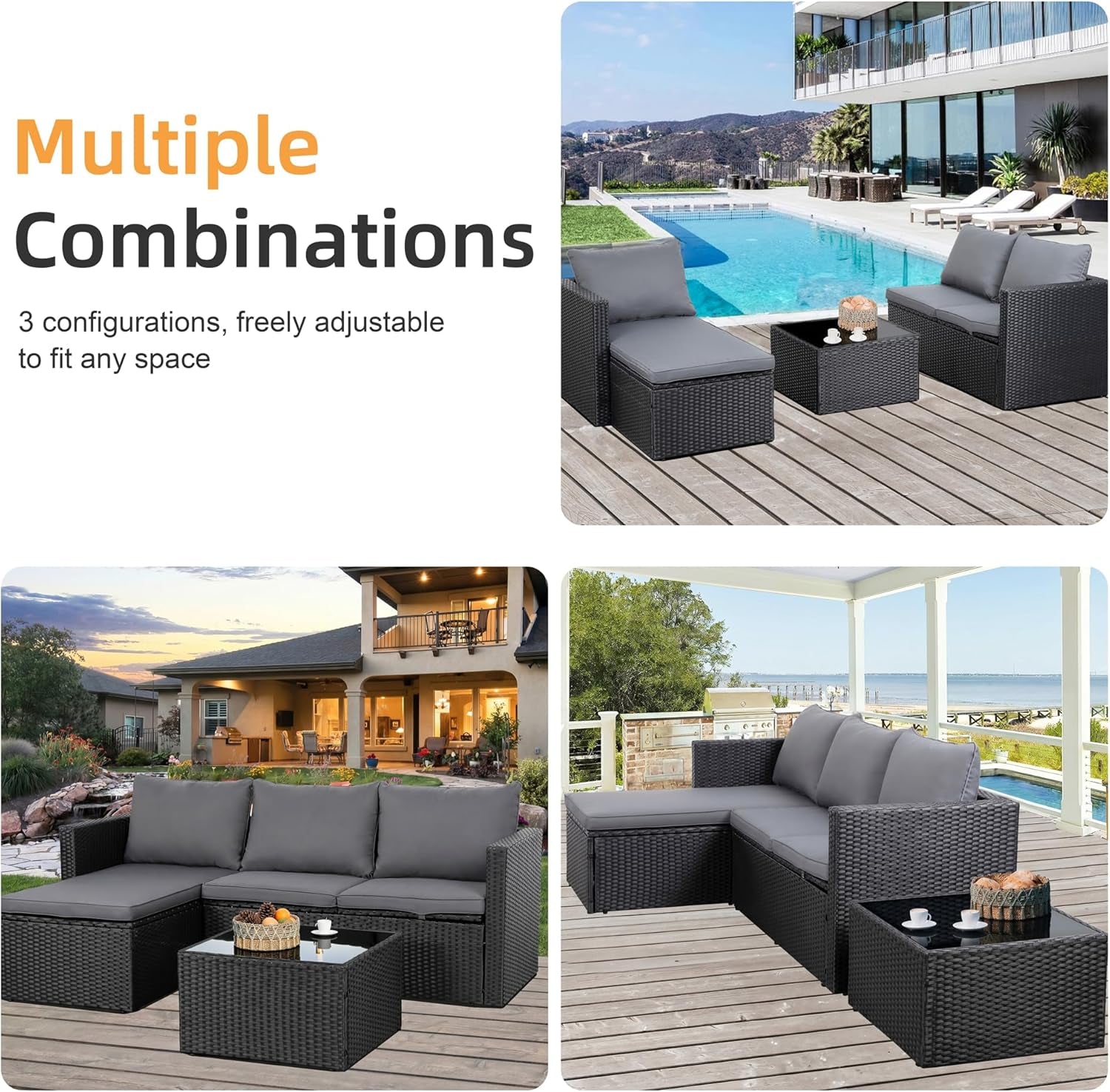 4 Pieces Patio Furniture Sets, Outdoor Sofa Patio Sectional Sets All Weather, 2-In-1 Wicker Rattan Seating Sofa Couch with Cushions & Coffee Table for Yard, Garden, Porch, Poolside (Gray)