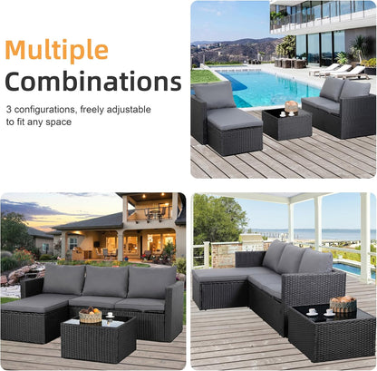 4 Pieces Patio Furniture Sets, Outdoor Sofa Patio Sectional Sets All Weather, 2-In-1 Wicker Rattan Seating Sofa Couch with Cushions & Coffee Table for Yard, Garden, Porch, Poolside (Gray)