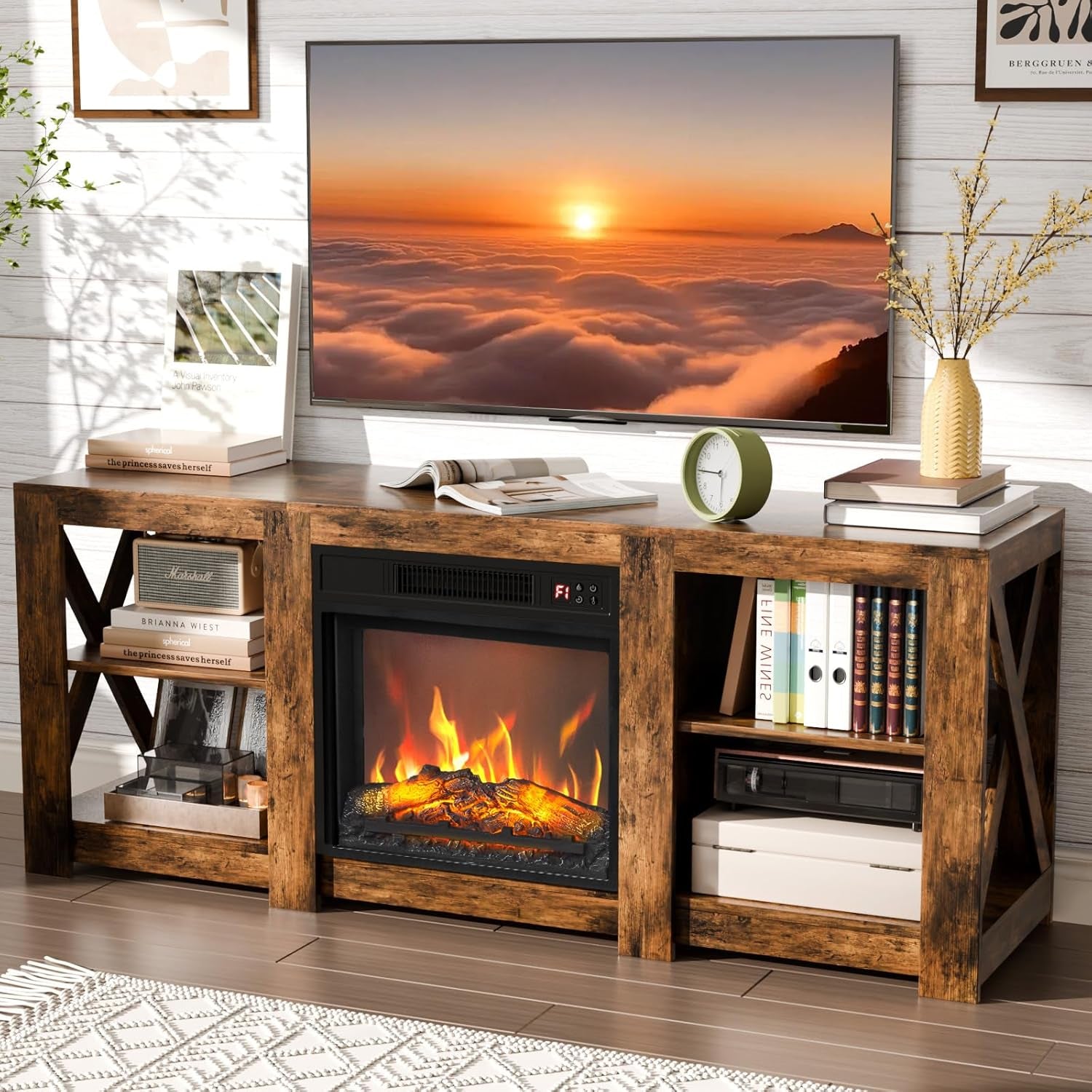 Fireplace TV Stand for up to 70 Inch Tvs, Farmhouse Entertainment Center with Electric Fireplace Heater & Adjustable Shelves, Fireplace Media Console Table for Living Room, Rustic Brown