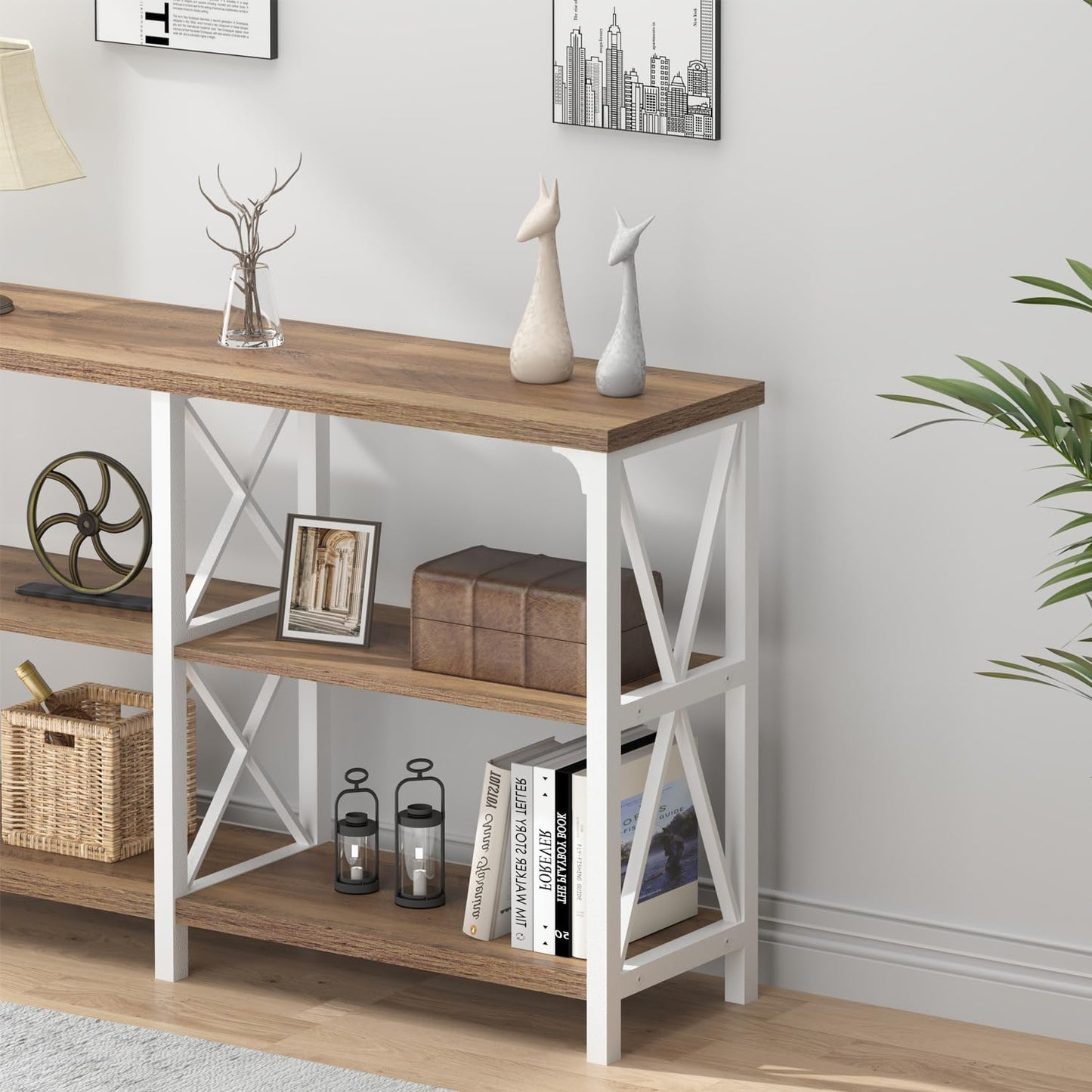 Farmhouse Entryway Table, Wood TV Console Table, Rustic Metal Sofa Table, Industrial Hallway Tables with Storage Shelves, Modern Foyer Tables for Front Entry Way, White and Rustic Oak, 47 Inch