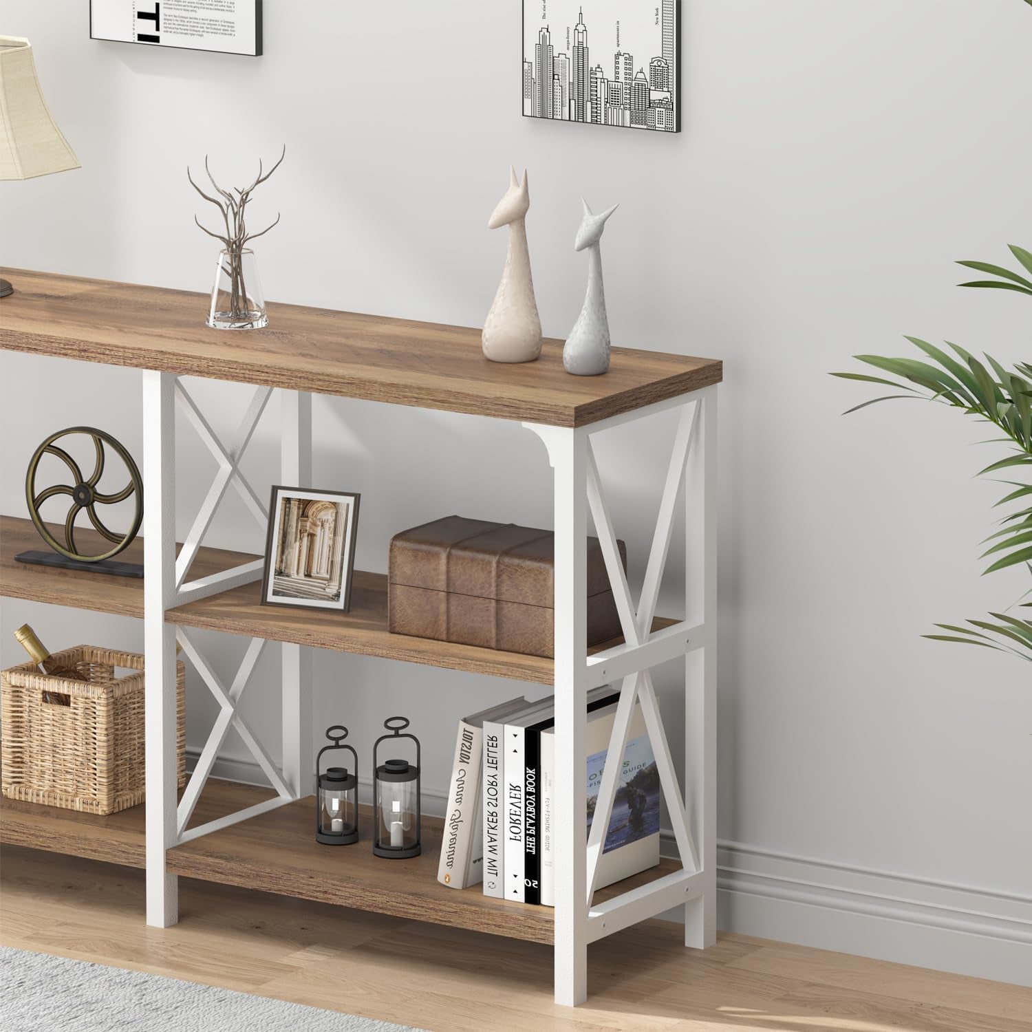 Farmhouse Entryway Table, Wood TV Console Table, Rustic Metal Sofa Table, Industrial Hallway Tables with Storage Shelves, Modern Foyer Tables for Front Entry Way, White and Rustic Oak, 47 Inch