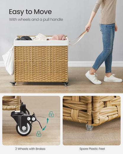 Laundry Hamper with Lid, 42.3 Gallons (160 L), Rolling Laundry Basket with Wheels, 3-Section Synthetic Rattan, Removable Liner, Bedroom, 29.9 X 13 X 26 Inches, Natural ULCB365N01