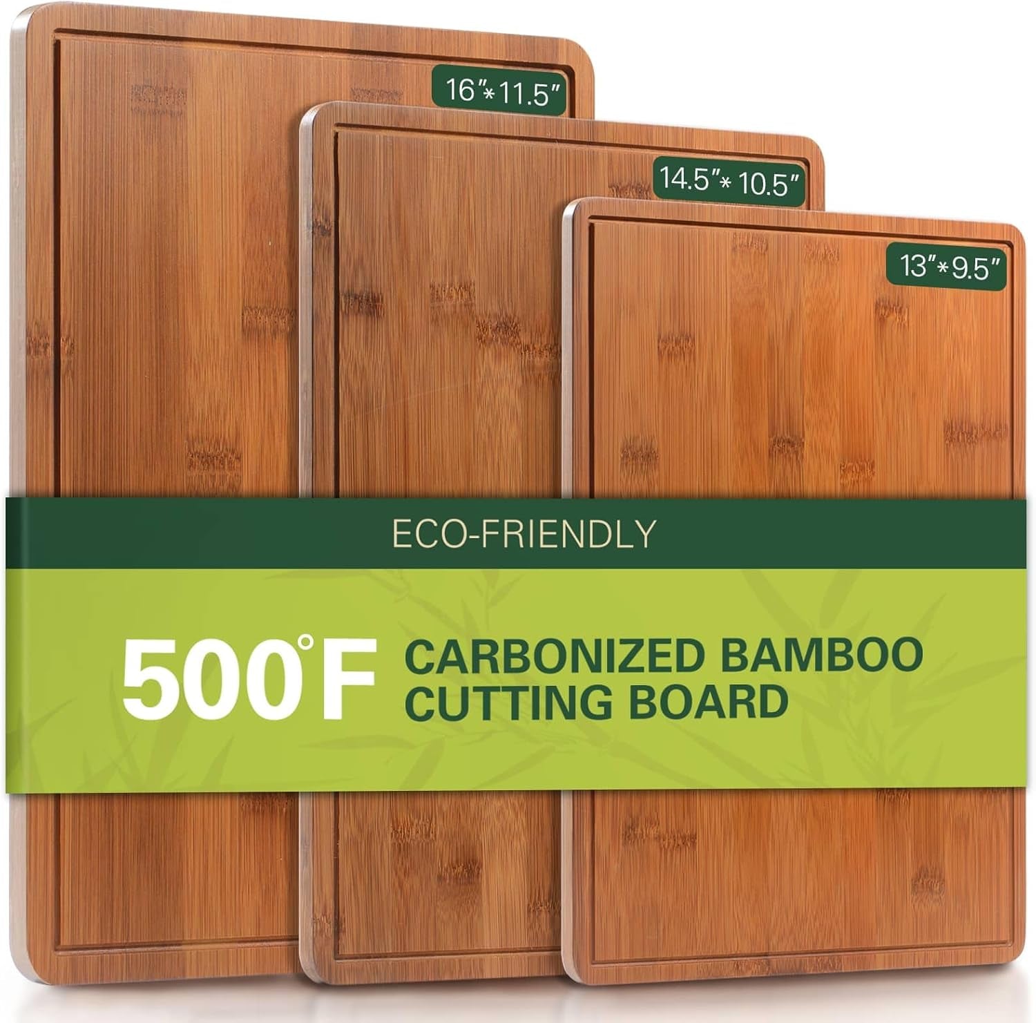 Carbonized Bamboo Cutting Boards for Kitchen, XL Durable Wood Cutting Board with Juice Grooves and Handles, Set of 3 Solid Charcuterie Board for Meal Prep & Serving (13X9.5, 14.5X10.5, 16X11.5)