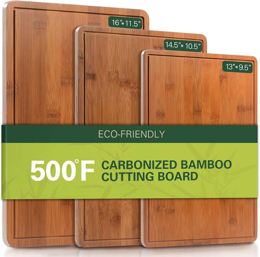 Carbonized Bamboo Cutting Boards for Kitchen, XL Durable Wood Cutting Board with Juice Grooves and Handles, Set of 3 Solid Charcuterie Board for Meal Prep & Serving (13X9.5, 14.5X10.5, 16X11.5)