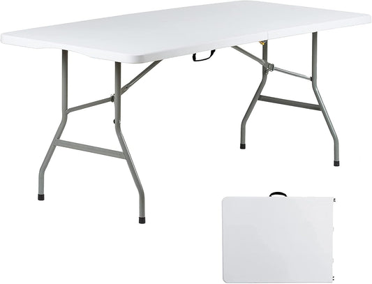 6 Foot Folding Table 6Ft Foldable Portable Plastic Tables for Party, Fold-In-Half Heavy Duty Table, 6’ Utility Dining Card Long Table, Indoor Outdoor Fold up for Picnic, Camping, White, Large