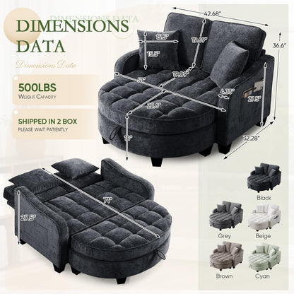 Chaise Lounge Chair Indoor, Chenille Oversized Sofa Chair with Storage Ottoman & Adjustable Backrest, Fluffy Loveseat Sofa, Comfy Convertible Sleeper Couch Bed for Living Room, Bedroom(Black)